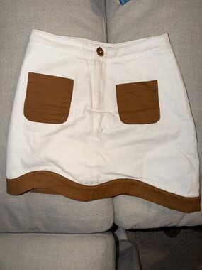 Cream Mini Asymmetrical Skirt with Brown Pocket & Hem Accents